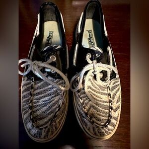 Sperry Top Sider Women's Black/White Sequin Bahama Zebra Boat Shoes Sz 5.5